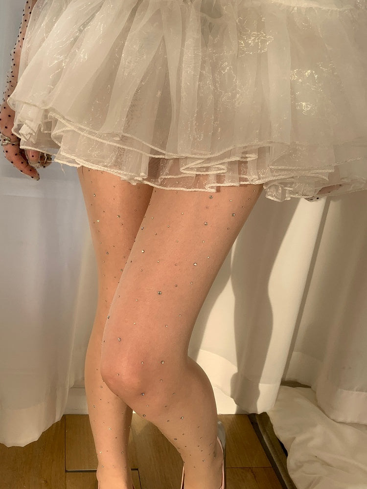 Nude/Cream Rhinestone Tights Details Sheer Sparkling White