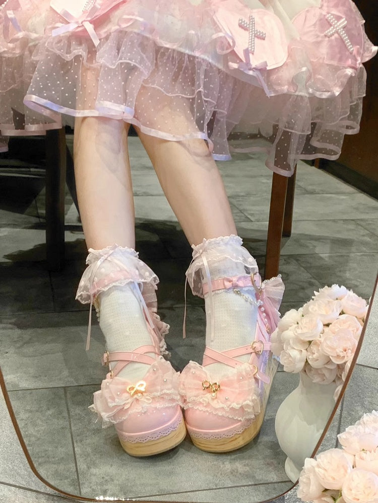 Sakura Pink Removable Bow Train and Bead Chain Hanayome Lolita Platform Shoes