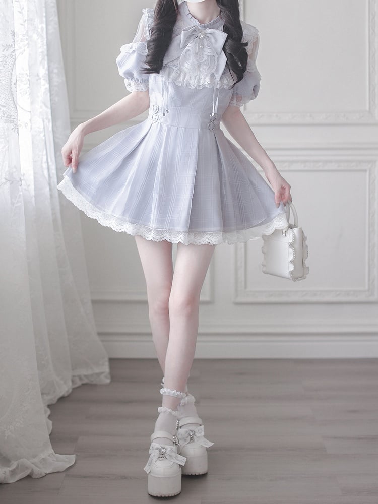 Shoulder Cutout Dress Dusty Blue Jirai Kei Plaid with