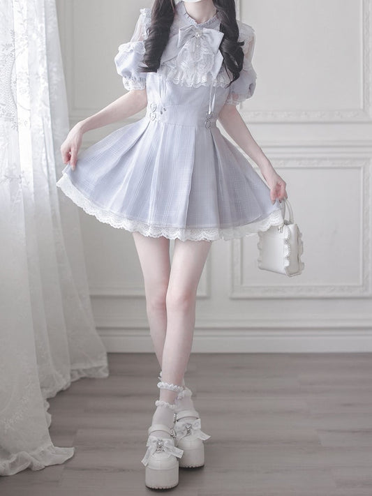 Shoulder Cutout Dress Dusty Blue Jirai Kei Plaid with