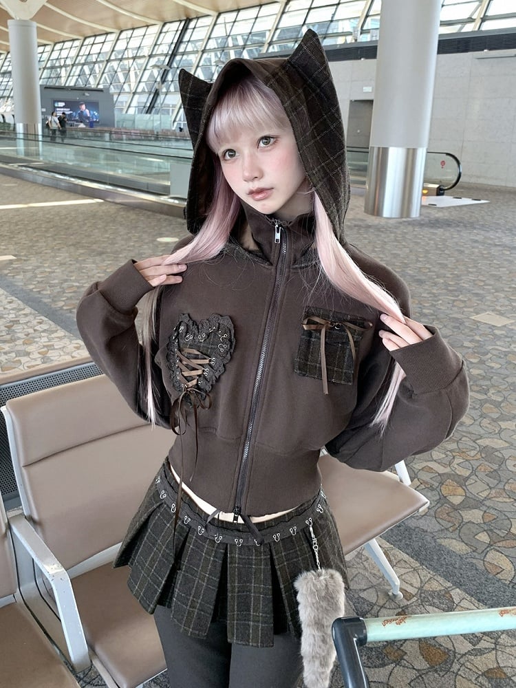 Cat Zip-up and Heart Lace Brown Hoodie with Lace-Up Applique Ear