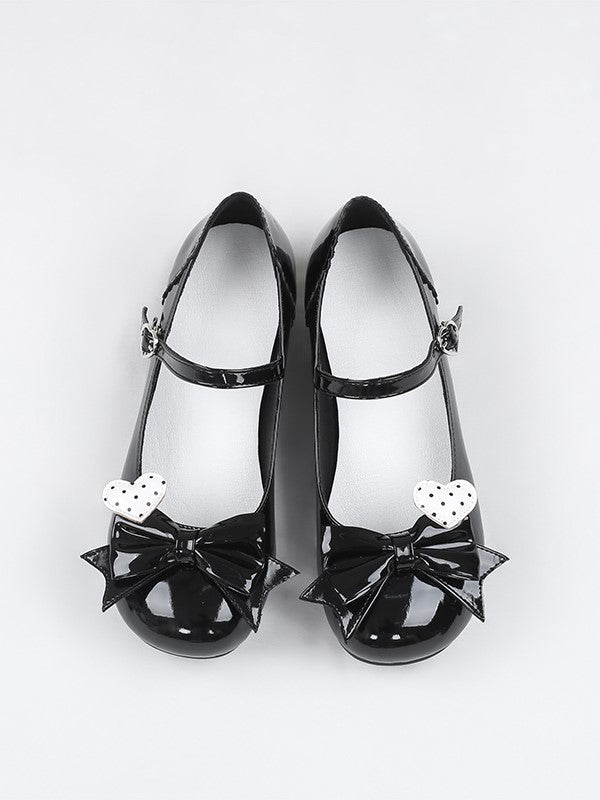 Black Polished Mary Jane Shoes with Bow and Polka Dot Heart Design
