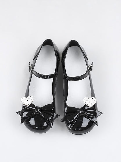 Black Polished Mary Jane Shoes with Bow and Polka Dot Heart Design