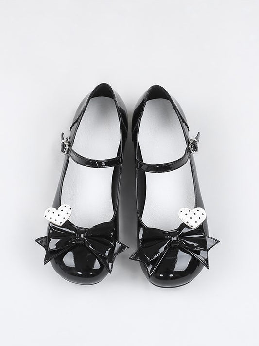 Black Polished Mary Jane Shoes with Bow and Polka Dot Heart Design