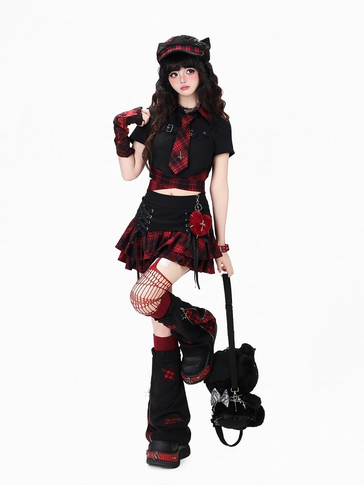 Hot Girl Style Red & Black Plaid Pointed Flat Collar Short Sleeve Top with Tie Detail + Matching Necktie Set - CRAZY GIRL