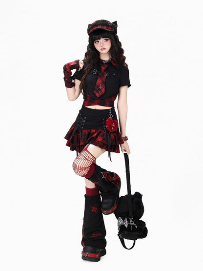 Hot Girl Style Red & Black Plaid Pointed Flat Collar Short Sleeve Top with Tie Detail + Matching Necktie Set - CRAZY GIRL