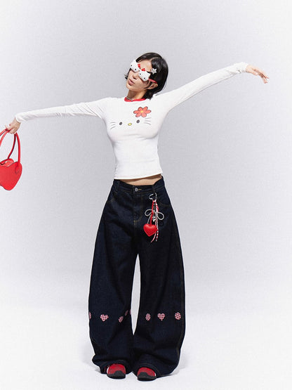 Heart Denim Black with Embroidery Vintage Wide-Leg Trousers Plaid