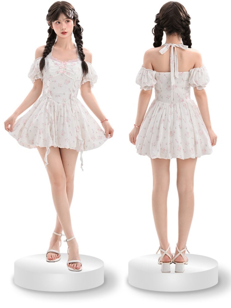 Waist Sweet White Puff Sleeves Basque Halter Neck Floral Dress