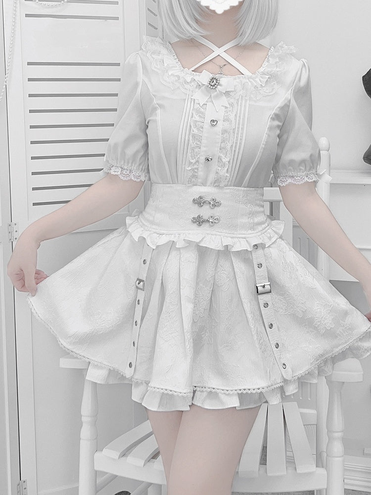 Techwear Style Jirai Kei Knot Skirt White with Cheongsam Buttons Jacquard