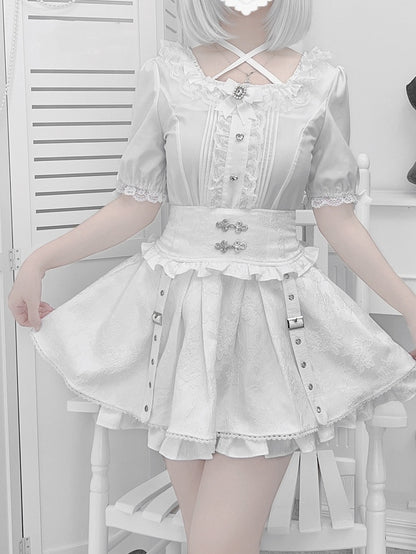 Techwear Style Jirai Kei Knot Skirt White with Cheongsam Buttons Jacquard