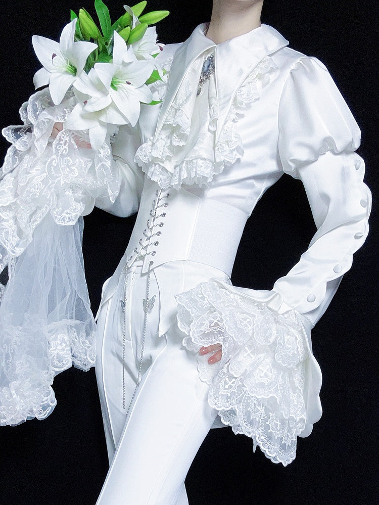 White Pointed Foldover Collar Ouji Gothic Lolita Long Sleeves Tail Shirt