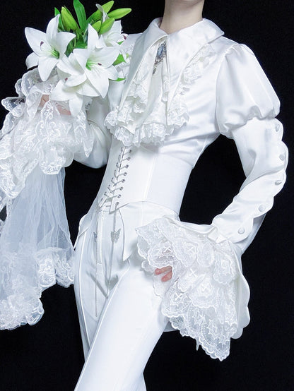 White Pointed Foldover Collar Ouji Gothic Lolita Long Sleeves Tail Shirt