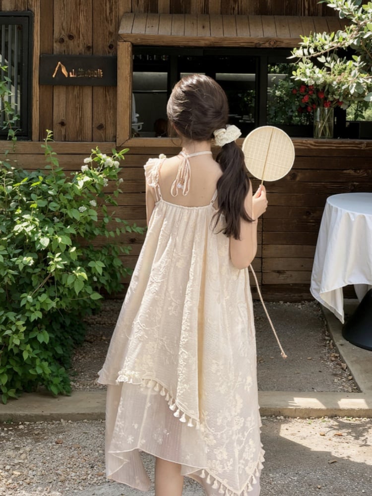 and Butterfly Accents Apricot Jacquard Dress with Tassel Hem Sleeveless Handkerchief Floral Hem