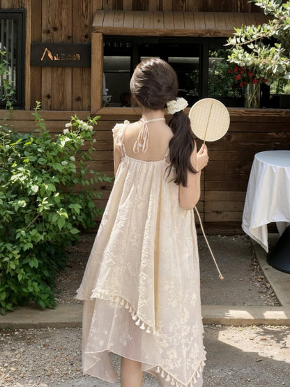 and Butterfly Accents Apricot Jacquard Dress with Tassel Hem Sleeveless Handkerchief Floral Hem