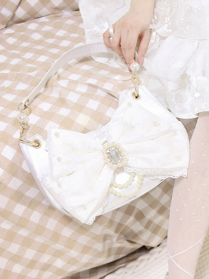 Sweet Lolita Satin Shoulder Bag with Sparkling Beaded Bow - Sheep Puff Bag