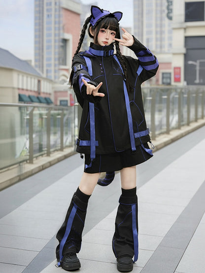 パープルストライプの未来的なサイバーファッションブラック衣装 - バギーウィンドブレーカー + ストレートレッグショートパンツ/パンツ + レッグウォーマーフルセット