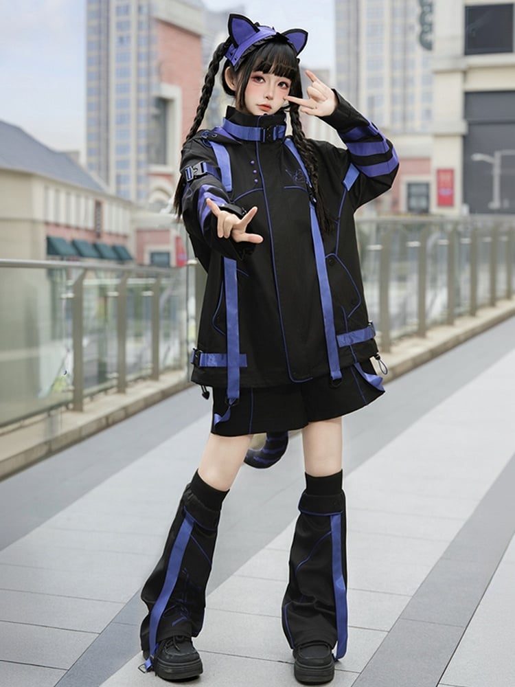 Schwarz-lila futuristische Techwear-Shorts im Landmine-Stil mit geradem Bein und ausgestellten Beinwärmern