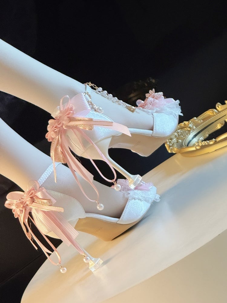 Pointed-Toe High Heels in Pink with Pearl & Bow Accents, 5CM/8CM Heel - A Sky Rabbit