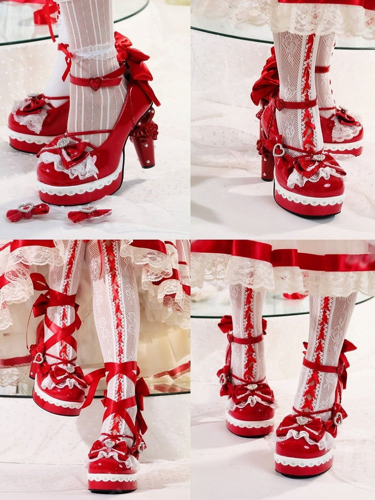Lolita Mary Top Heart-Embellished Crystal - Snap High with Heel Sweet Red Block Bow Janes Heart
