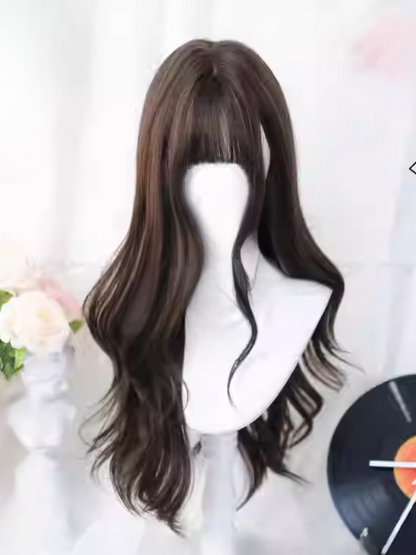 Brown Under Bust Length 60-65CM Wavy Wig with Air Bangs