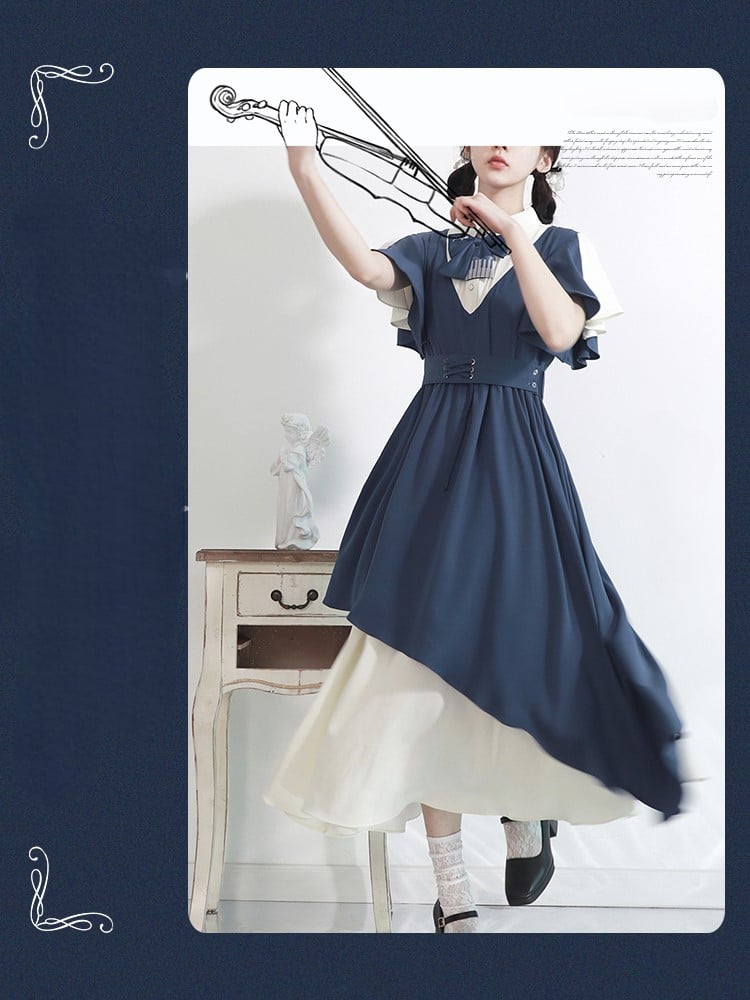 Colorblock White Preppy Dress Bow Tie with Blue Key Waist Piano High