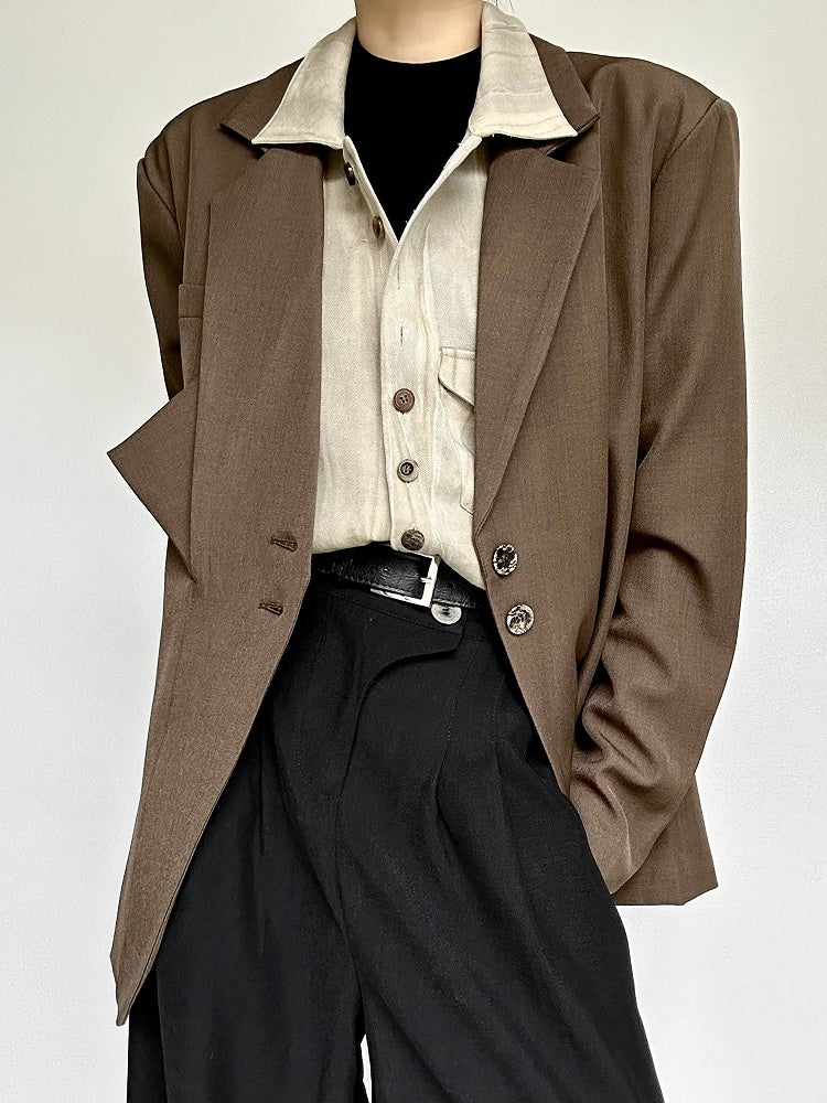 Notched Ouji Cuffs Unisex Collar Lolita Vintage Blazer with Button Coffee