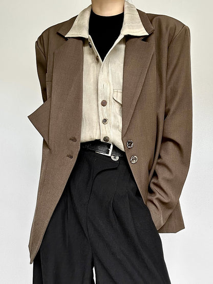 Notched Ouji Cuffs Unisex Collar Lolita Vintage Blazer with Button Coffee
