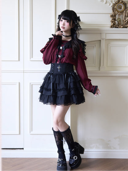 Rhinestones Bowknots Blouse Red Jirai Kei Sailor Collar Ruffled Lace Trim Wine