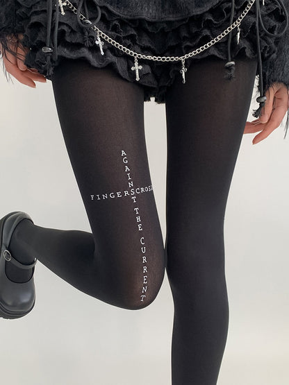 Print Text Black Tights Opaque Cross