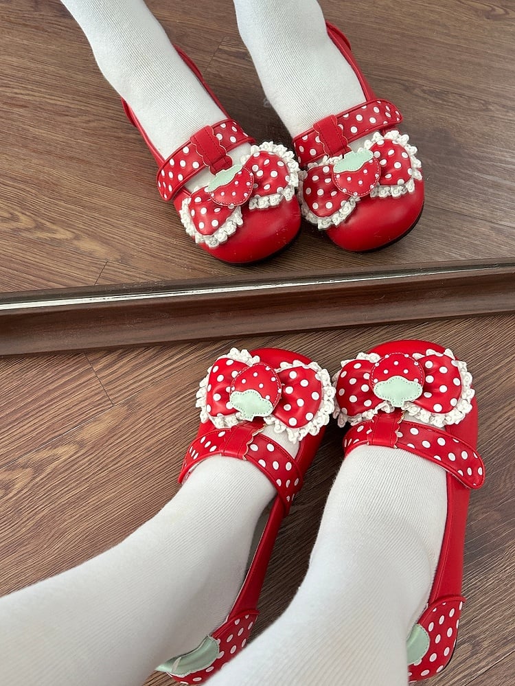 PU Strap at Polka-dot with Shoes Pattern Red Sole Lolita Sweet Closures Top Flat Bow Velcro