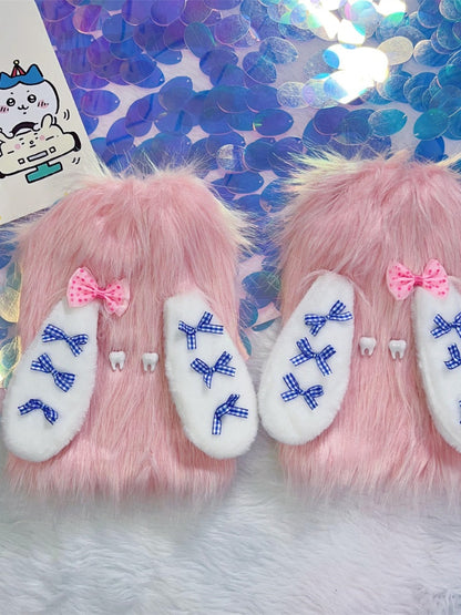 ピンク/ブルーのウサギの耳デザイン Y2K シャギーレッグウォーマー