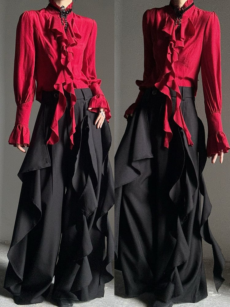 Accents with Zip Black Pants Ruffle Wide-leg Closure Ouji and - Cascading Button