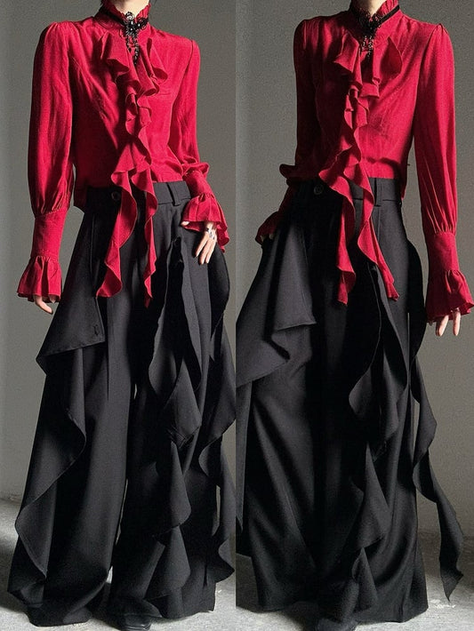 Accents with Zip Black Pants Ruffle Wide-leg Closure Ouji and - Cascading Button