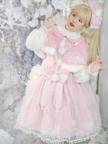 Moon with Set Snow Lace Dress Jumper Print Overlay Cape Trim Pink Plush Castle Lolita Skirt