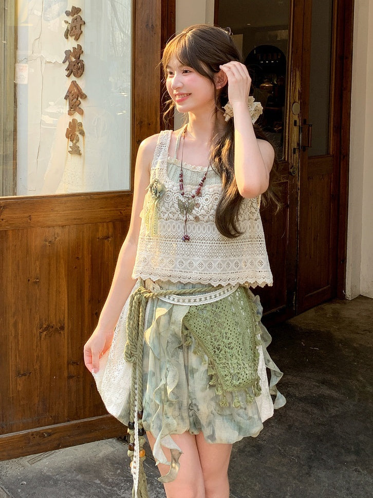 Side Waist Patches Shorts Dye Lace Mori Kei Green Elastic Tie