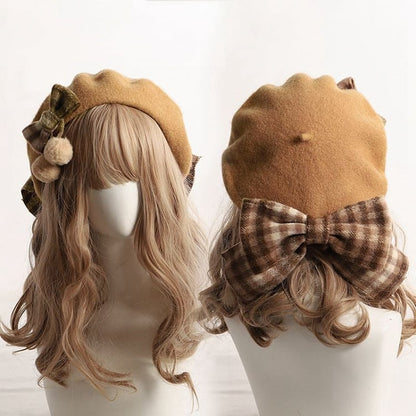 Coffee/Khaki/Caramel/Beige with Bow Beret Pom-Pom Accents Plaid