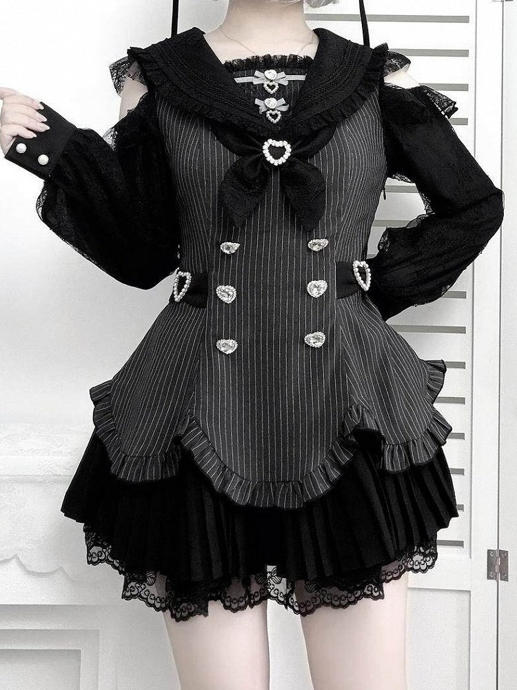 Striped Jirai Kei Two-Piece Set with Sailor Collar Cutout Shoulder Pleated Dress and Shorts in Black - Broken Bear