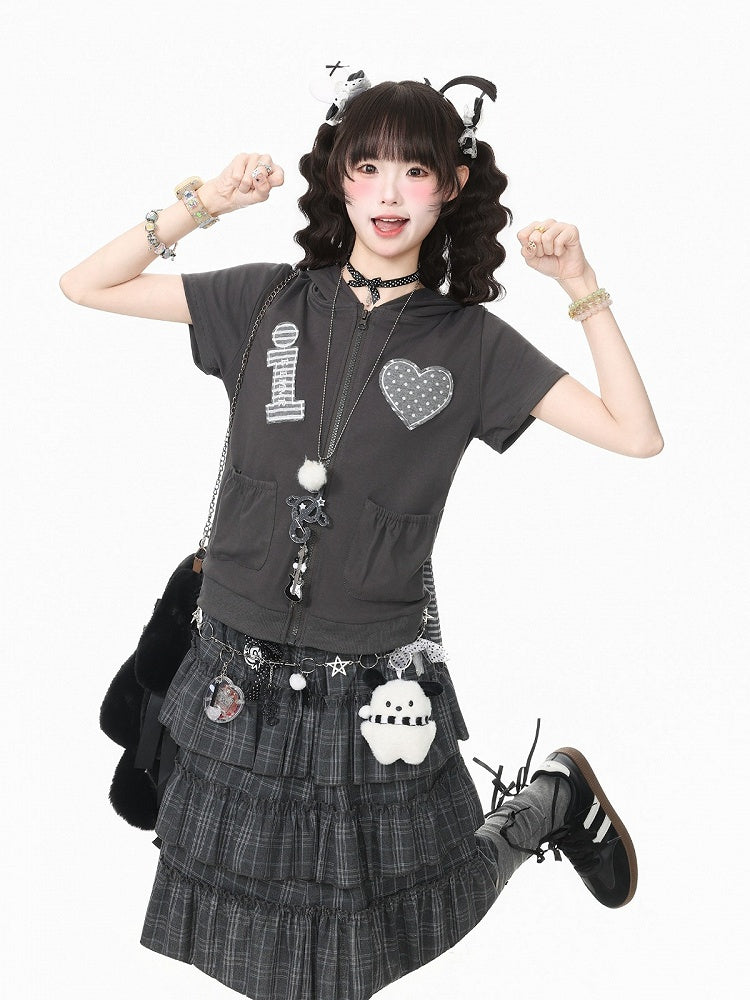Zip-Up Hooded Crop Top with Removable Striped Bunny Ears, Heart & Letter Patches - Languid Park
