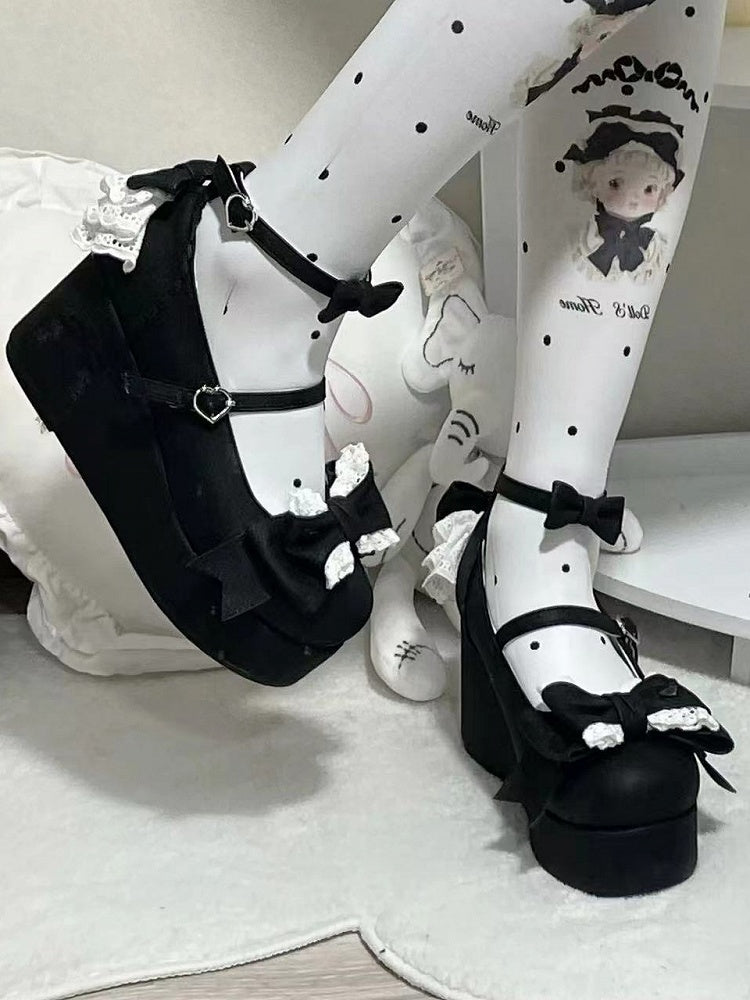 - Plateaus Schwarz Schleife-bestickter Absatz Sweet Lolita