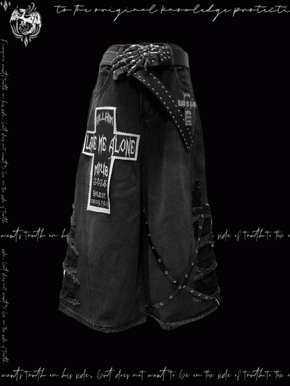Y2K Cut Jeans Wide-leg Rock Punk Dark Gray Cross Applique Distressed Holes
