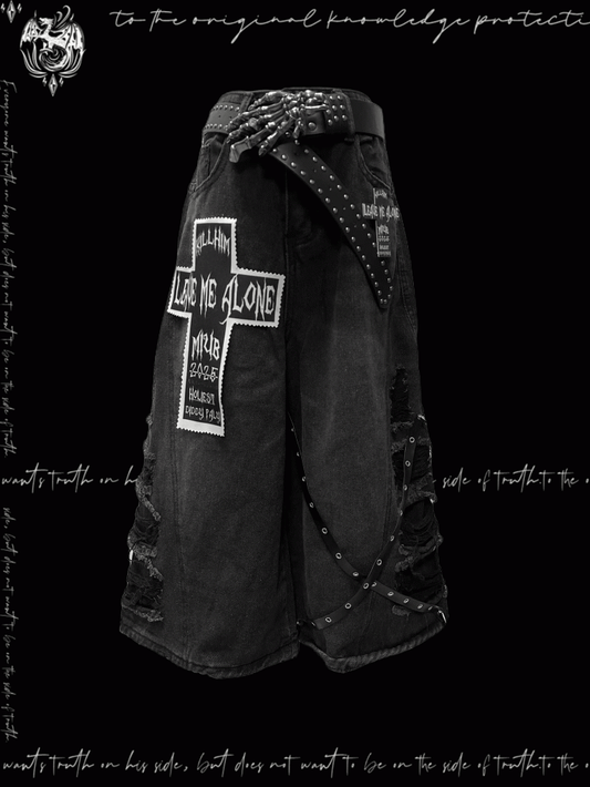 Y2K Cut Jeans Wide-leg Rock Punk Dark Gray Cross Applique Distressed Holes