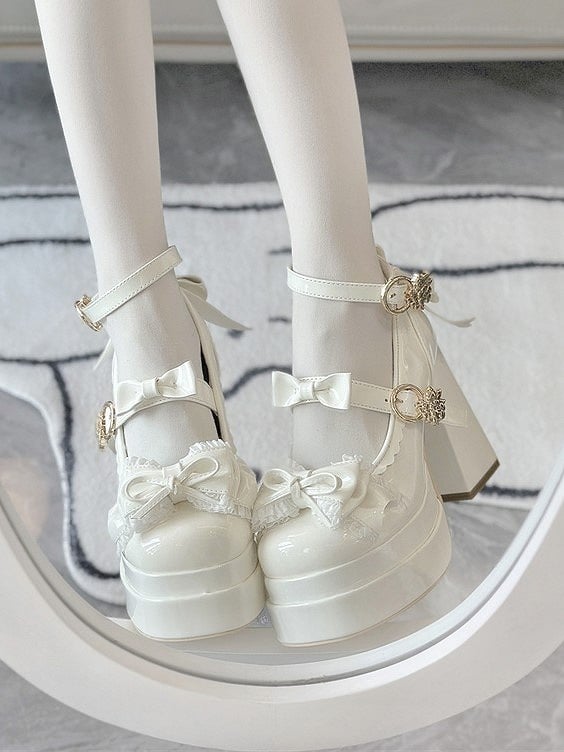 Platform Lolita Decor Bows Elegant White Block Shoes Scalloped - Edge Heel Round-Toe High 11cm