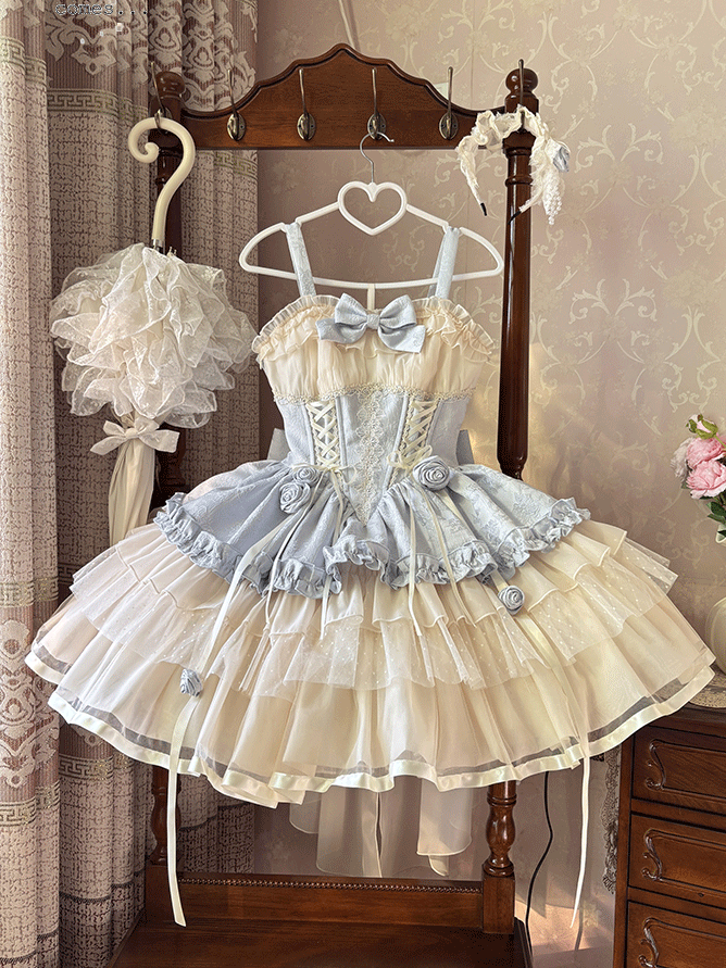 Beige Korsett Taille Big JSK Schnürung Sweet Lolita Balletcore Kleid Zug Schleife und mit Blau