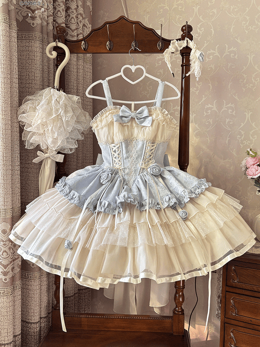 Beige Korsett Taille Big JSK Schnürung Sweet Lolita Balletcore Kleid Zug Schleife und mit Blau