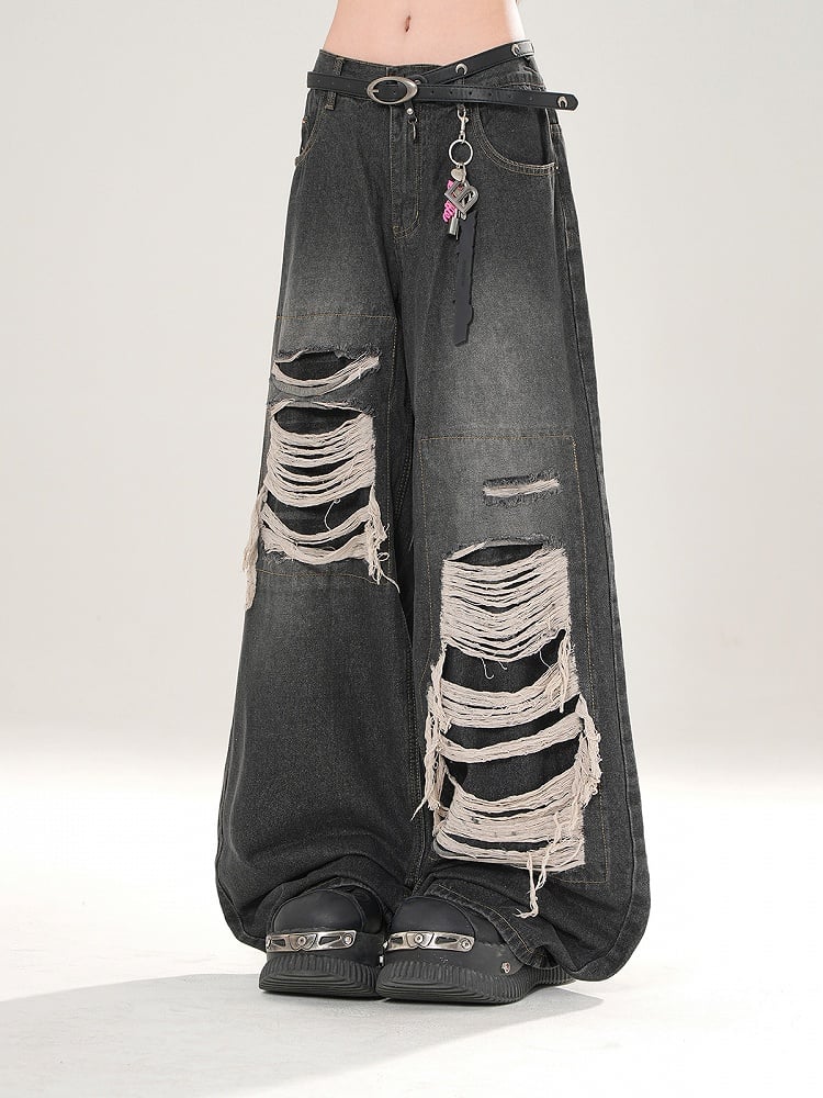 Vintage Black Wide-Leg Jeans with Distressed Detailing