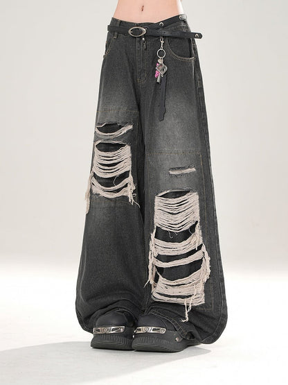 Vintage Black Wide-Leg Jeans with Distressed Detailing