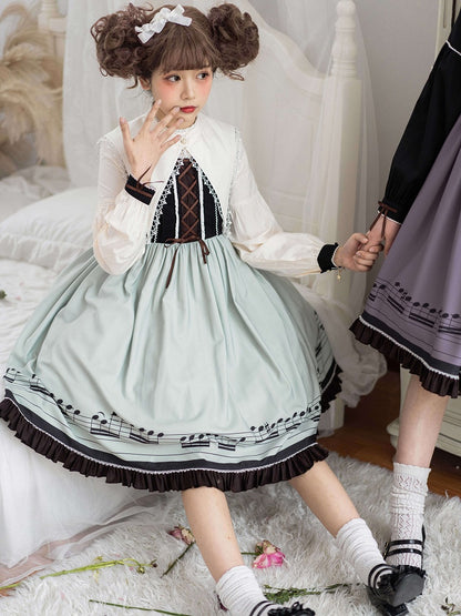Musical Note Green Autumn Lolita Long Sleeves Dress with Separate Pointed Collar