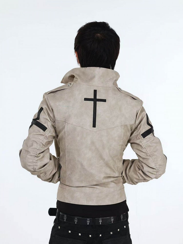 Genderless Punk Milk White Double-Breasted Decorative Faux Leather Jacket with Cross Pattern - DETW OnLine