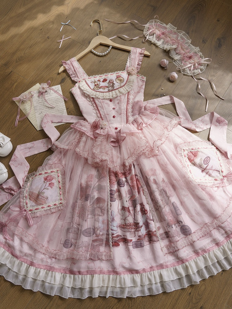 ピンクのバニーバスクウエストマッシュルームスカートプリンセスとジャンパーロリータプリント