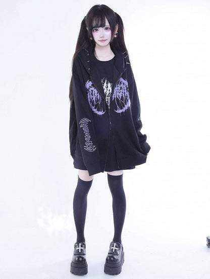 Zip Jirai Hoodie Rivet-Decorated Purple Kei Black Printed